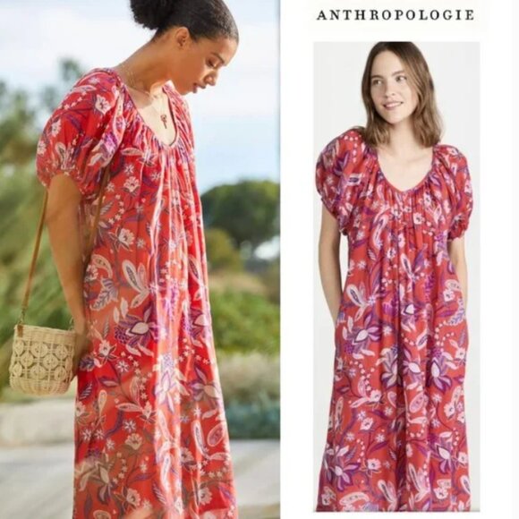 Anthropologie SUNDRY Red Floral Puff Sleeve Boho Dress Cotton Purple Red Sz S/M - Picture 15 of 15